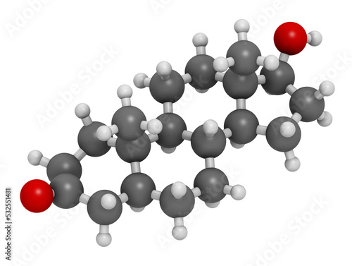 Dihydrotestosterone (DHT, androstanolone, stanolone) hormone molecule, 3D rendering. photo