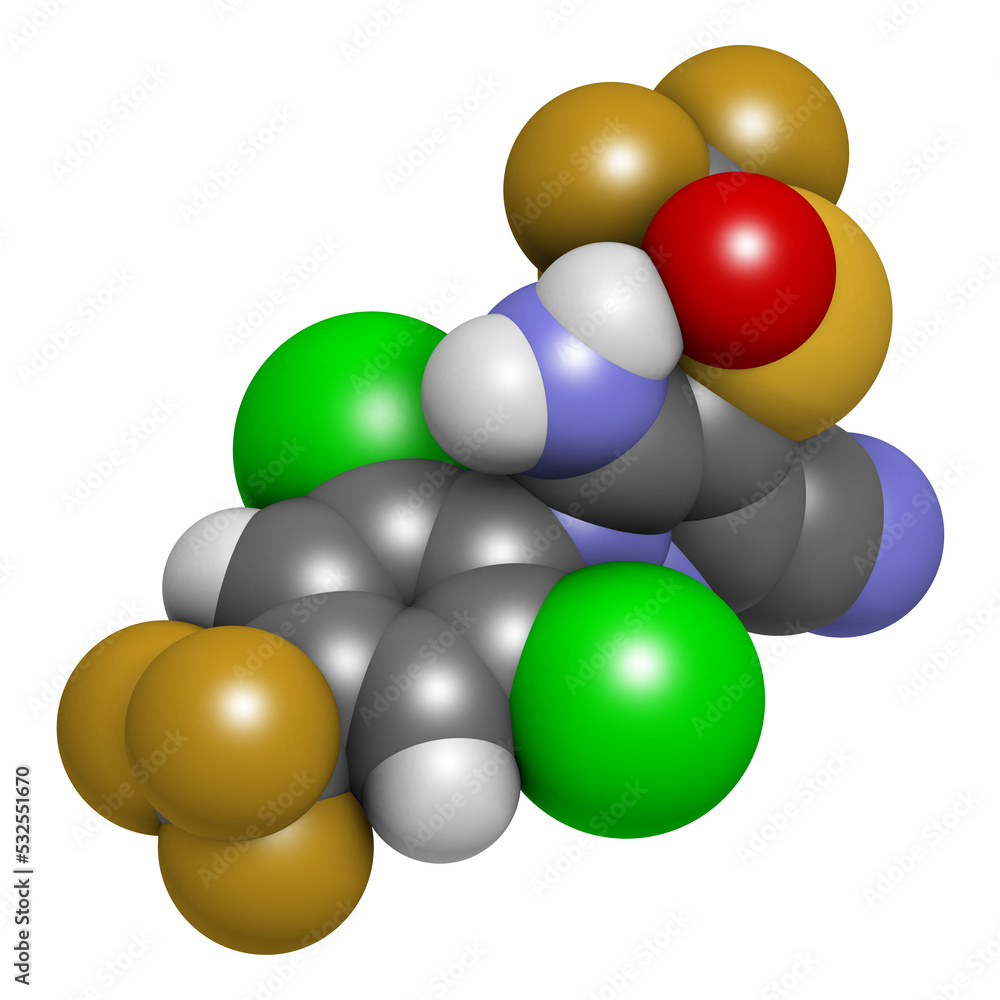 Fipronil insecticide molecule, 3D rendering. Fipronil insecticide molecule, 3D rendering.