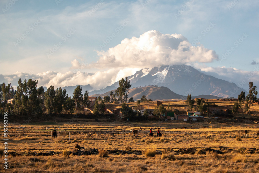View of the mountains and fields in the town of Chinchero, Peru. 