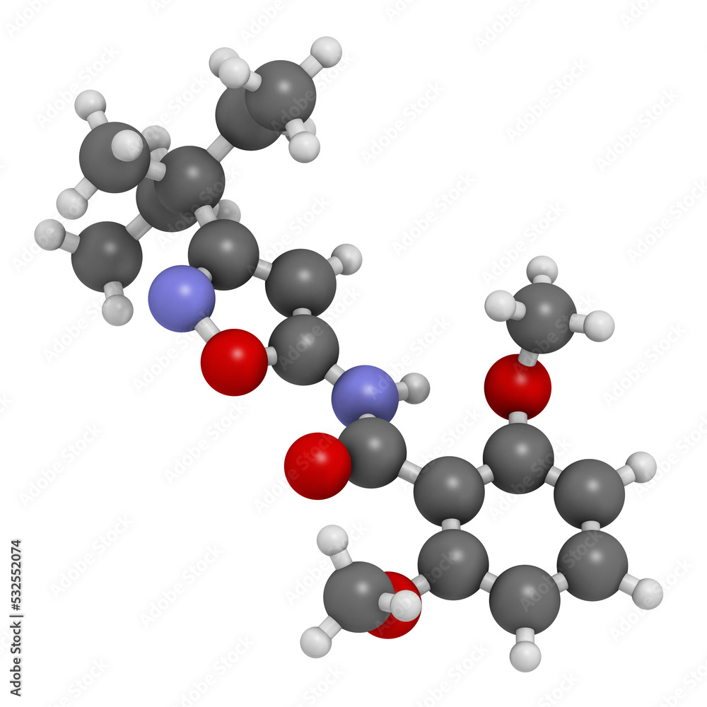 Isoxaben herbicide molecule, 3D rendering. Isoxaben herbicide molecule, 3D rendering.