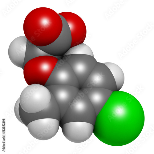 MCPA (2-methyl-4-chlorophenoxyacetic acid) herbicide molecule, 3D rendering. photo