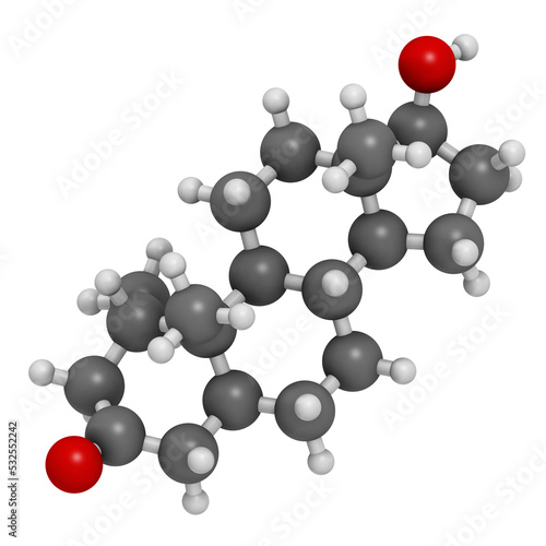 Mesterolone androgen molecule, 3D rendering. photo