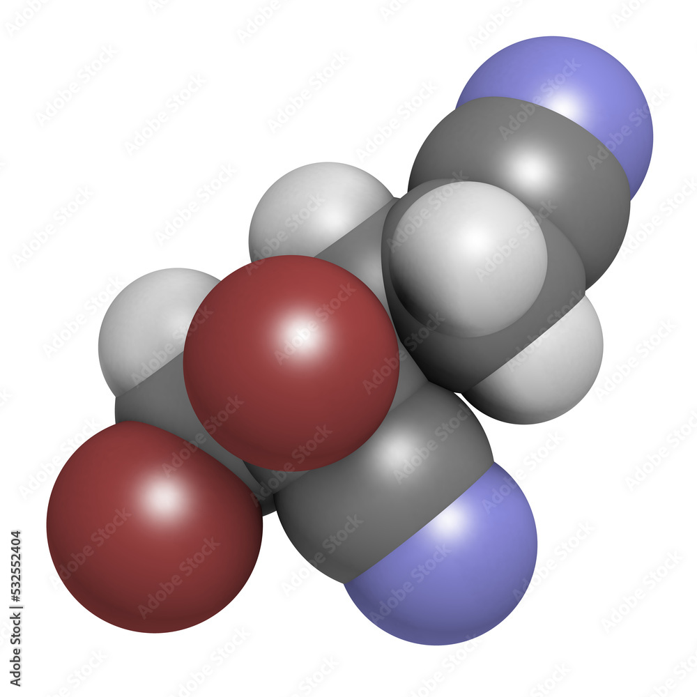 Methyldibromo glutaronitrile preservative molecule. Common allergen causing allergic contact dermatitis, 3D rendering. Methyldibromo glutaronitrile preservative molecule. Common allergen causing allergic contact dermatitis, 3D rendering.