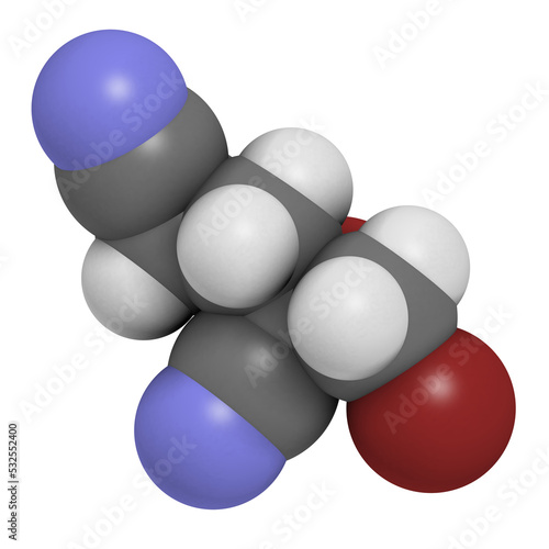 Methyldibromo glutaronitrile preservative molecule. Common allergen causing allergic contact dermatitis, 3D rendering. photo