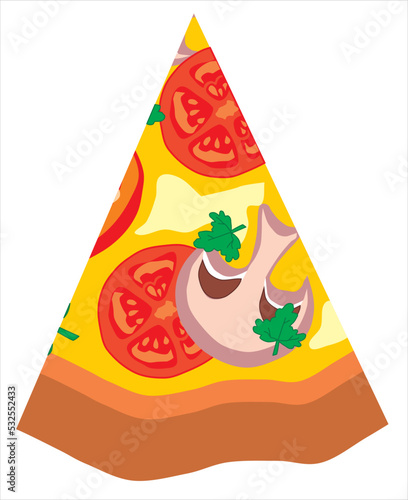 A slice of pizza. Slicing round pizza into portions. Vector drawing.
Pizza with smoked salami sausage, mushrooms champignons, vegetables tomatoes,
cheese, mayonnaise and parsley.