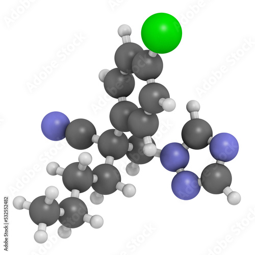 Myclobutanil antifungal molecule (triazole class), 3D rendering.
