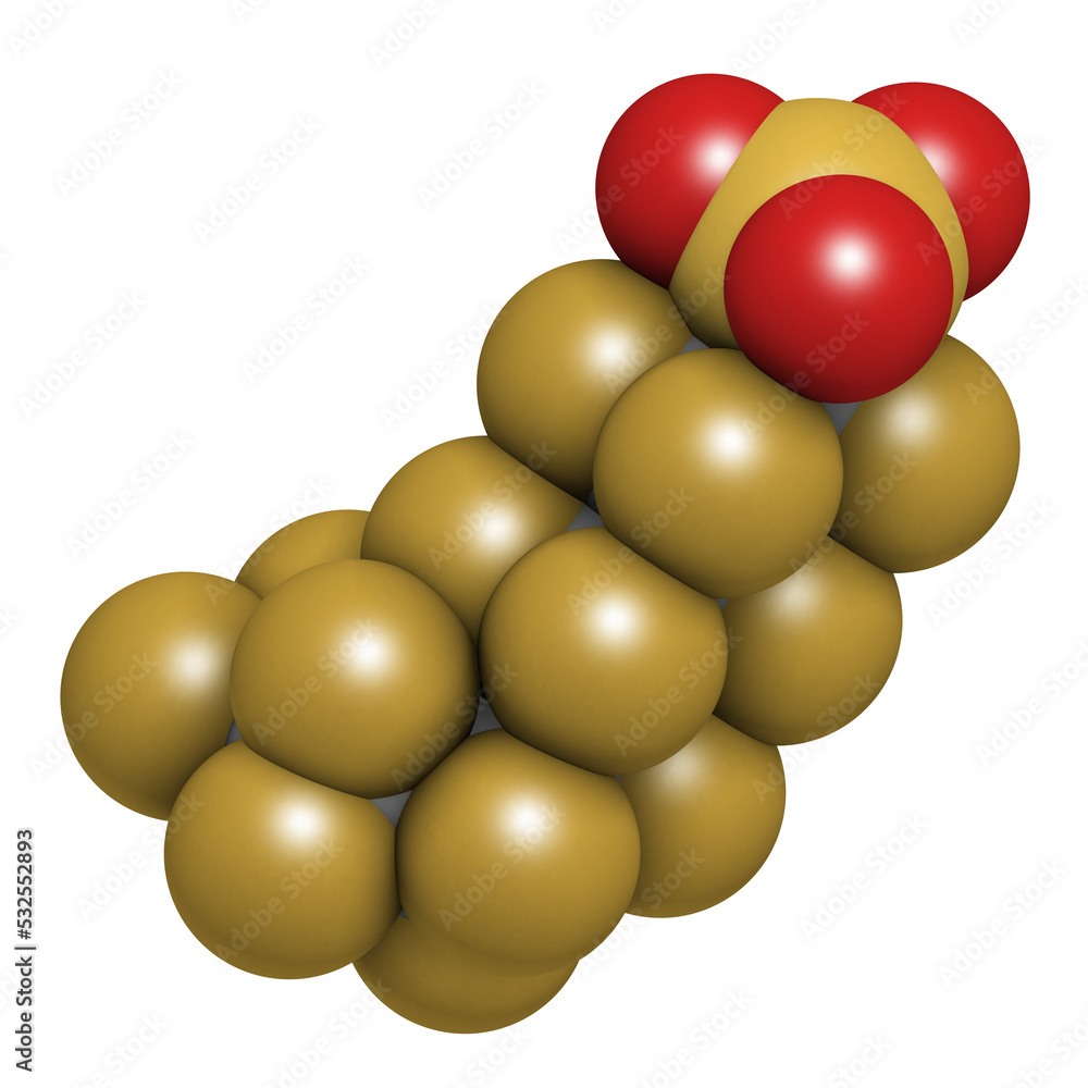 Perfluorooctanesulfonic acid (perfluorooctane sulfonate, PFOS) persistent organic pollutant molecule, 3D rendering. Perfluorooctanesulfonic acid (perfluorooctane sulfonate, PFOS) persistent organic pollutant molecule, 3D rendering.