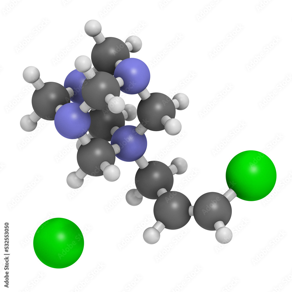 Quaternium-15 surfactant and preservative molecule (formaldehyde releaser), 3D rendering. Quaternium-15 surfactant and preservative molecule (formaldehyde releaser), 3D rendering.
