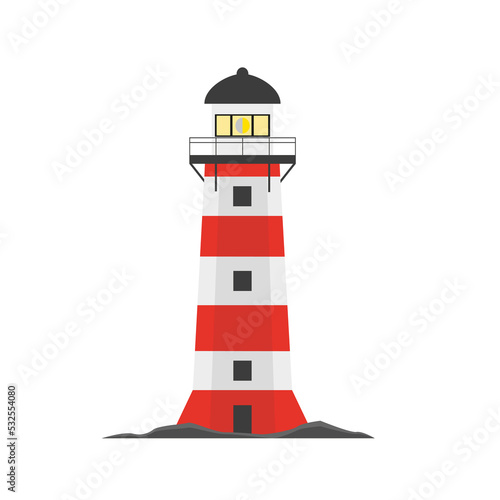 A lighthouse on a white background and the stones on which it stands. Vector illustration