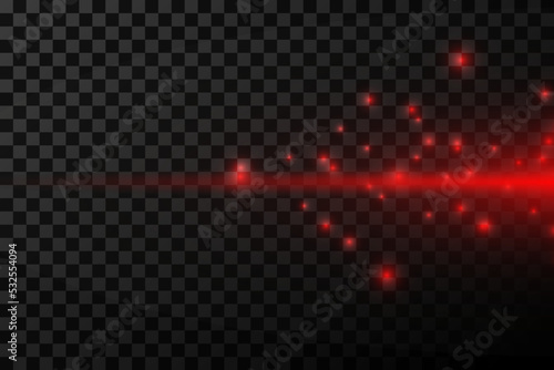 Set of red horizontal highlights. Laser beams, glare, sparks, dust. Beautiful light flashes on a transparent background.