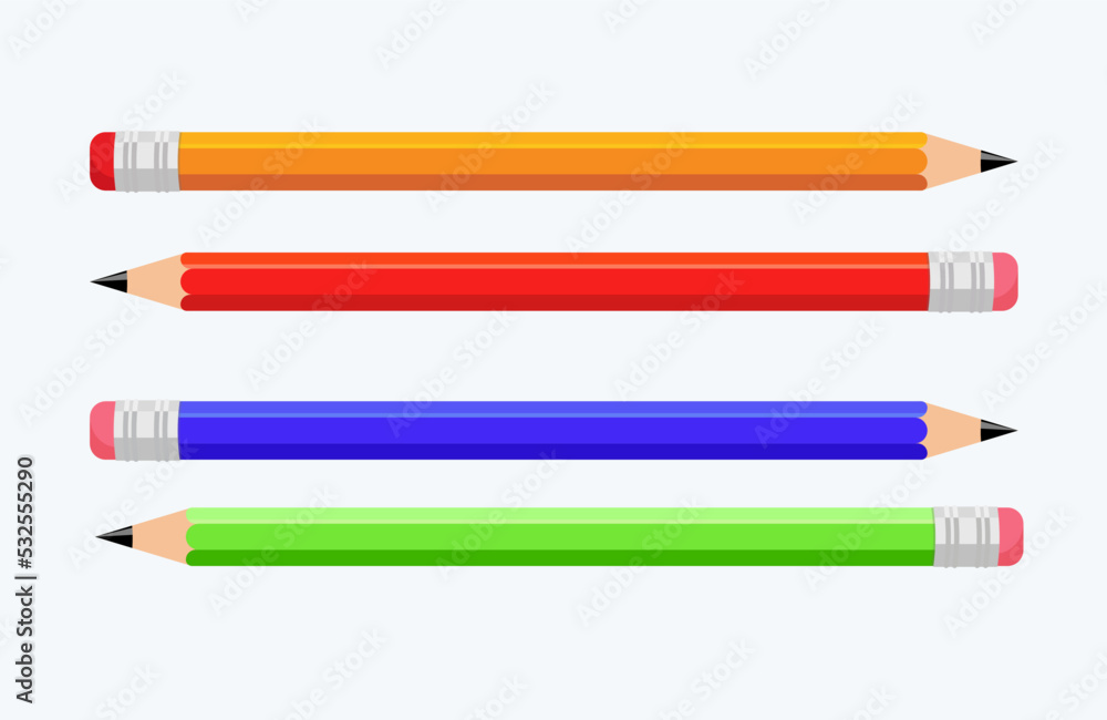 Pencils with eraser vector illustration, Yellow, red, blue, green pencil Pencils with eraser vector illustration, Yellow, red, blue, green pencil