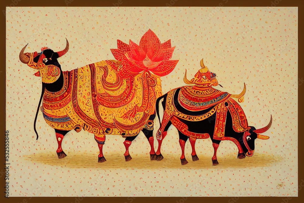 Indian Traditional Rajasthani Painting Cow and Lotus in Pattern Background  Stock Illustration | Adobe Stock