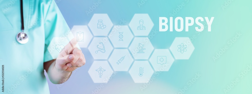 Biopsy. Male doctor pointing finger at digital hologram made of icons. Text with medical term. Concept for digitalization in medicine Biopsy. Male doctor pointing finger at digital hologram made of icons. Text with medical term. Concept for digitalization in medicine