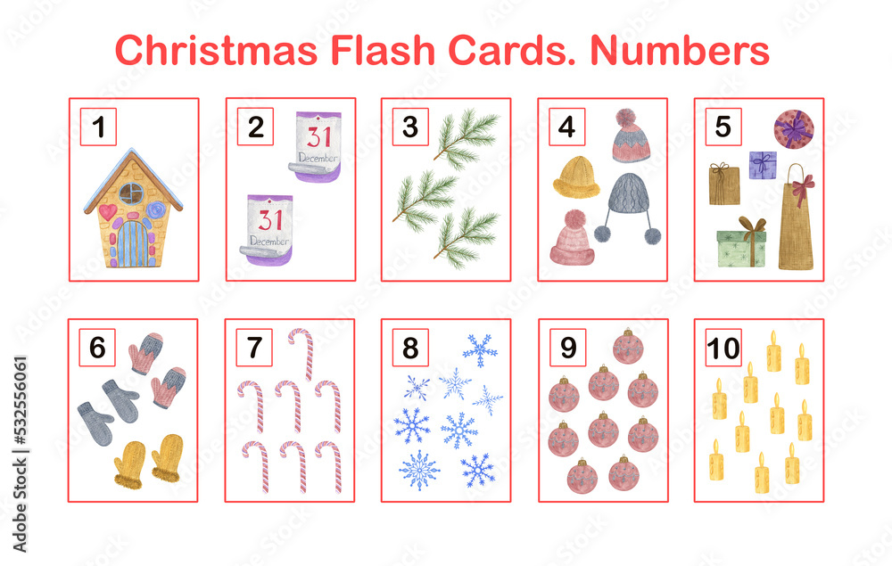 Topical Christmas number learning printable flash cards, educational English worksheet for kids, nursery, kindergarten, pre-school or leisure activity, teachers resources, games