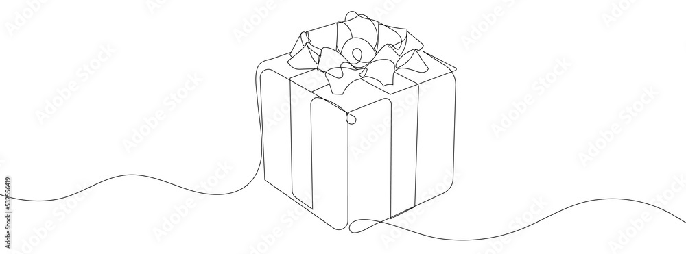 Single one line drawing open white gift box with ribbon and bow. Greeting present package. Single one line drawing open white gift box with ribbon and bow. Greeting present package.