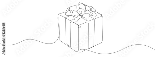 Single one line drawing open white gift box with ribbon and bow. Greeting present package.