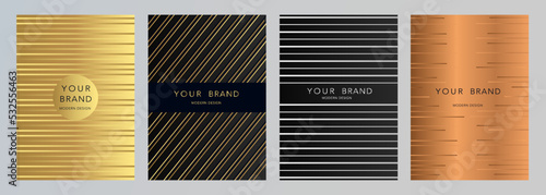 Modern black and gold stripe cover design set. Luxury creative dynamic line pattern. Formal premium vector background for business brochure, catalog, card, poster, notebook, menu template