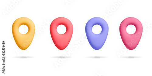 Set of 3d vector location pin icon in different color design illustration. GPS navigator pointer, map needle. Travel, adventure, trip concept isolated on white background.