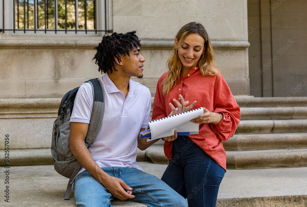 Two Students University Students review assignment in hallway Stock ...