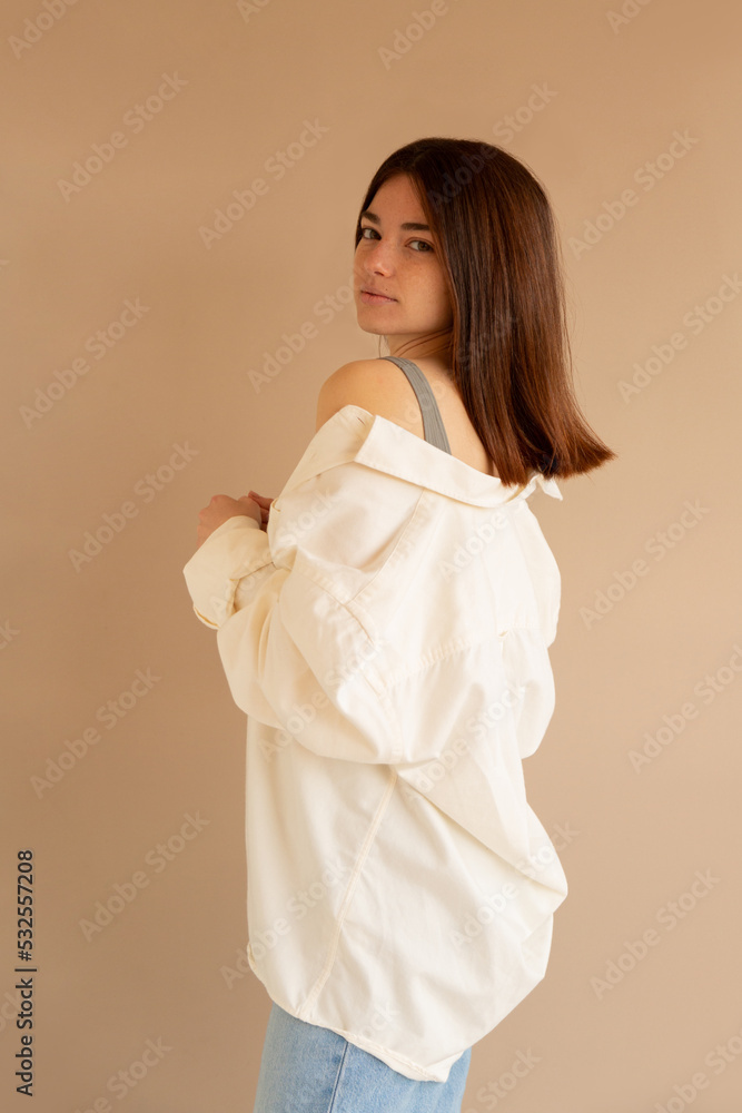 Woman looking sexy in man's shirt Woman looking sexy in man's shirt