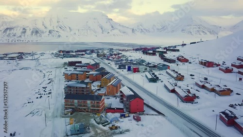 Aerial view of Longyearbyen, Svalbard in winter. With colorful houses.