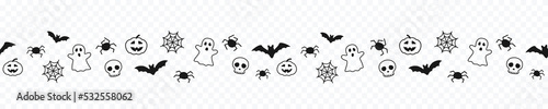 Happy Halloween seamless pattern or border with black bats, spider web, ghost and pumpkins. Vector illustration, kids party element decor isolated on transparent background