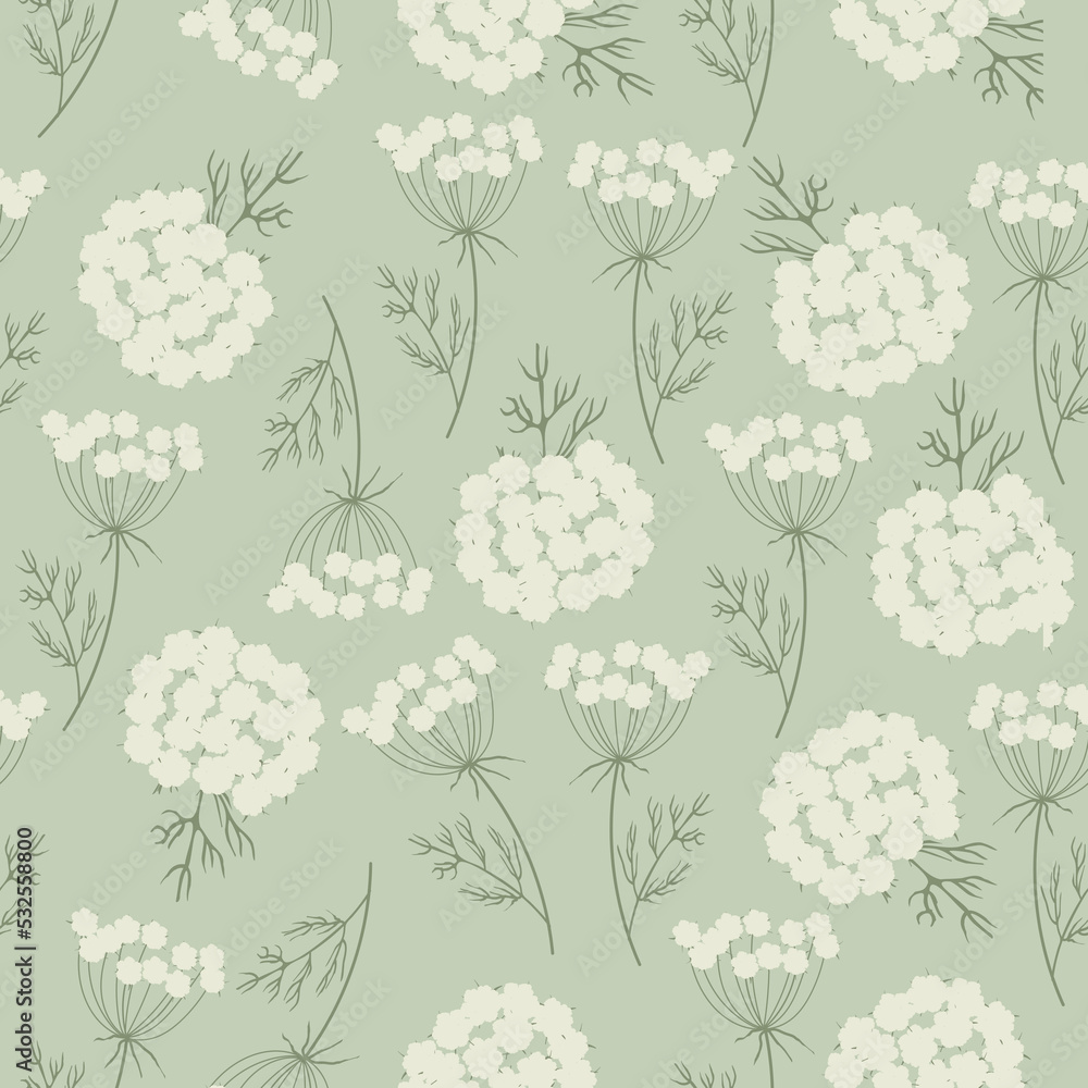 Seamles floral pattern, Queen Anne's lace flower print, wild flowers wallpaper, botanical fabric design, herbal repeat motif,  Delicate wild meadow background