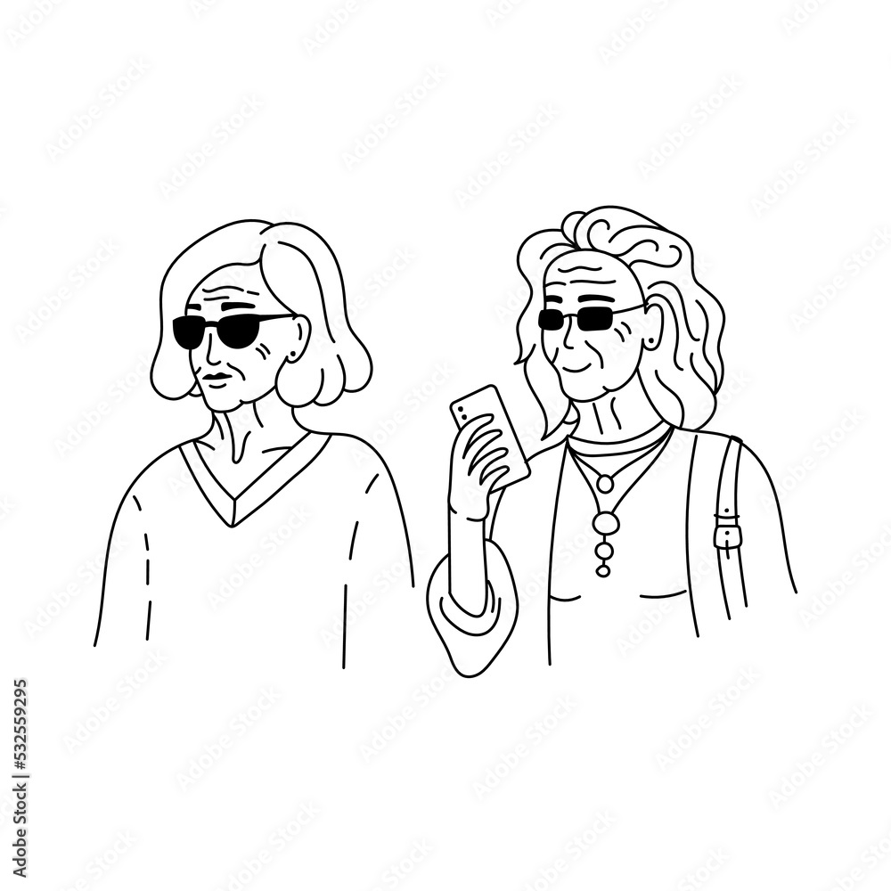 Two old fashion girlfriends. Line art doodle illustration for print, graphic design, stickers and poster template
