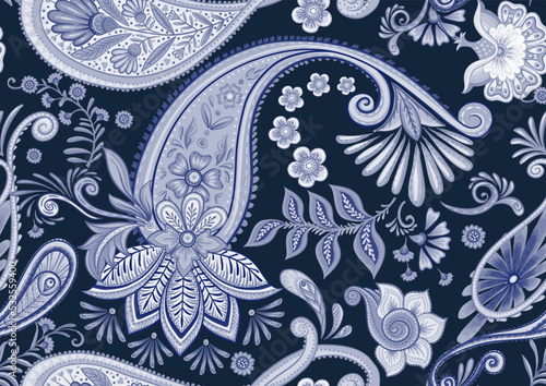 Fantasy flowers in retro, vintage, jacobean embroidery style. Paisley seamless pattern, background. Vector illustration on blue background.
