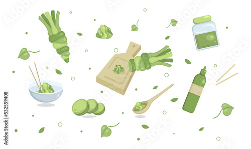 Set of spicy wasabi in cartoon style. Vector illustration of wasabi root, chopped, in a bottle, jar, plate, Japanese additive on white background.