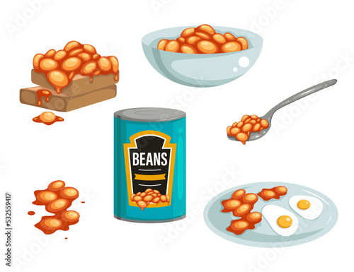 Set of spun beans in cartoon style. Vector illustration of beans with scrambled eggs, spread on bread, in a plate and spoon on white background.