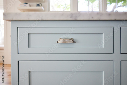 Close-up of shaker cabinet in modern farmhouse kitchen 