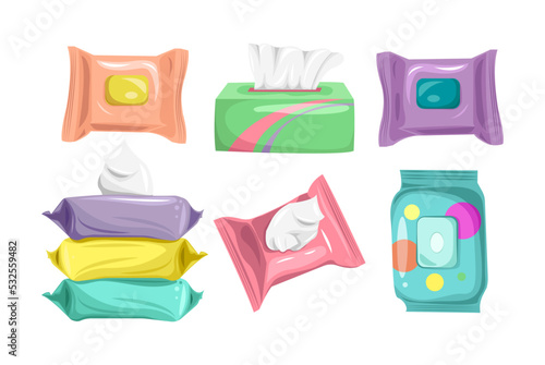 Set of colorful wet wipes in cartoon style. Vector illustration of hygiene products on white background.