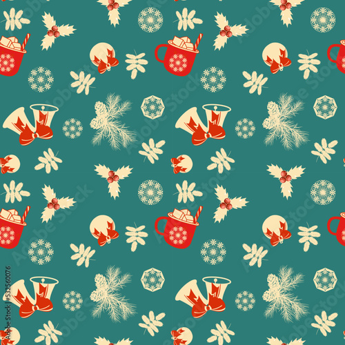 Seamless holiday pattern with Christmas ornaments, holly berries, snowflakes, bells, ribbons, mugs, and pine cones