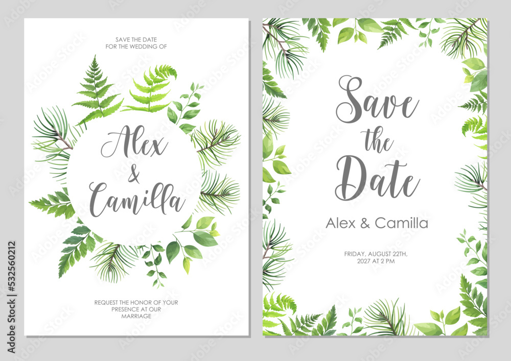 Greenery wedding invitation template. Invite card with place for text. Floral frame with pine, fern and wild herbs. Vector illustration.