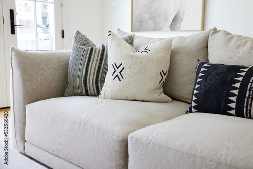 Close-up modern design sofa in interior farmhouse living room pillows