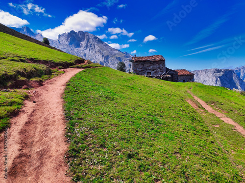 La Terenosa sheepfold in the way from Pandebano to Naranjo de Bulnes peak, also know as Picu Urriellu, Picos de Europa National Park, Asturias, Spain photo