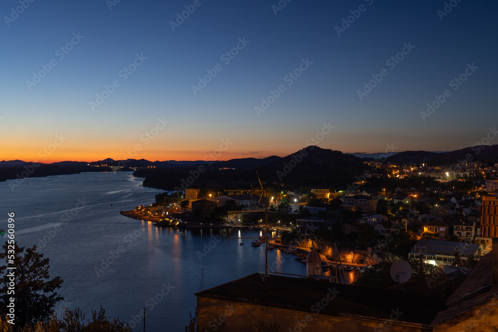 city lights during the summer dusk in the Croatian Adriatic coast town of Sibenik