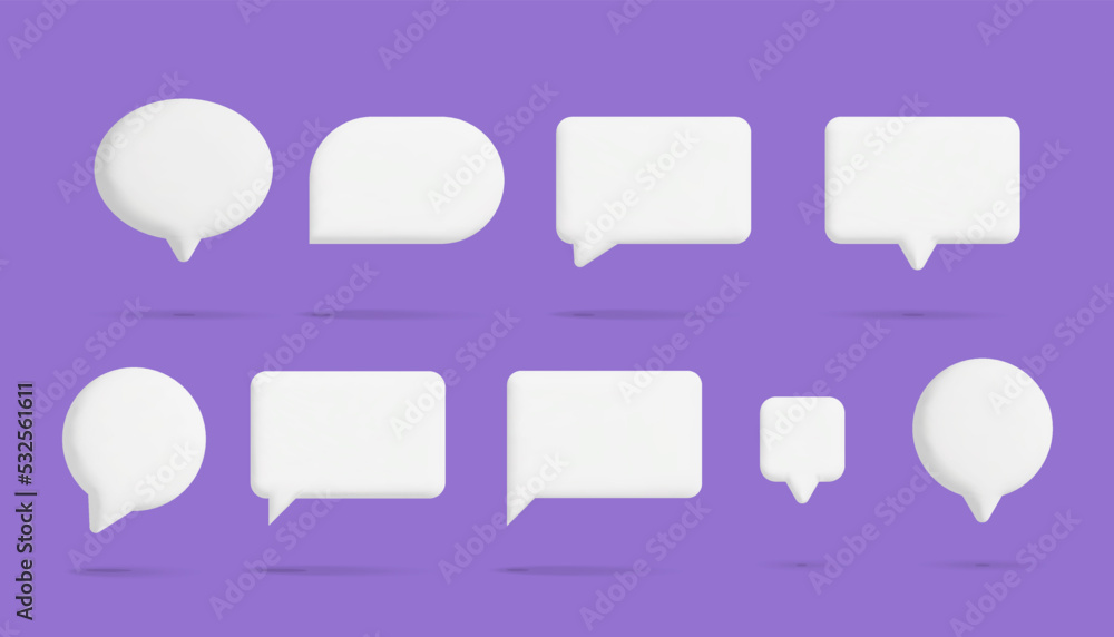 3d vector chat bubble box different shape realistic render design. Chat speech bubble, message, talk, Social network communication concept art. Isolated on purple background. 3d vector chat bubble box different shape realistic render design. Chat speech bubble, message, talk, Social network communication concept art. Isolated on purple background.