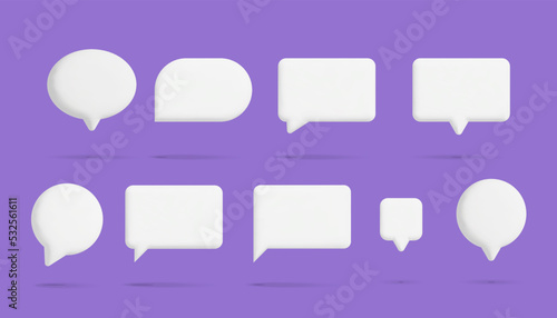 3d vector chat bubble box different shape realistic render design. Chat speech bubble, message, talk, Social network communication concept art. Isolated on purple background.