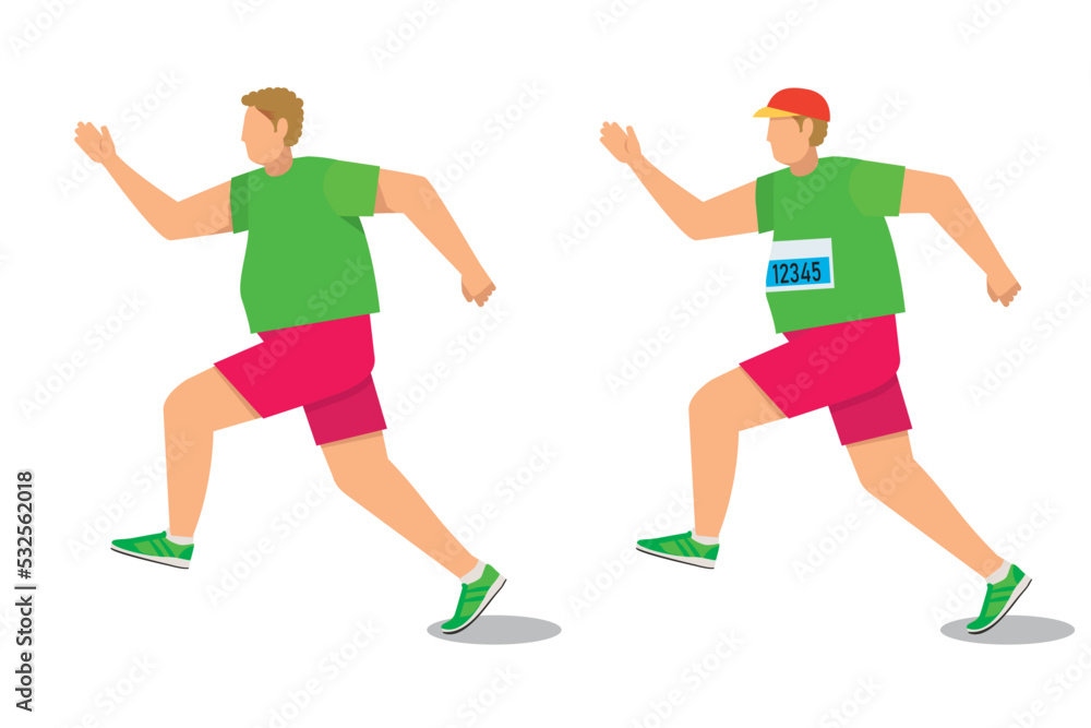 走る8等身の太った白人系男性のイラストセット ランニング ジョギング フィットネス健康維持 白バック 走る8等身の太った白人系男性のイラストセット ランニング ジョギング フィットネス健康維持 白バック