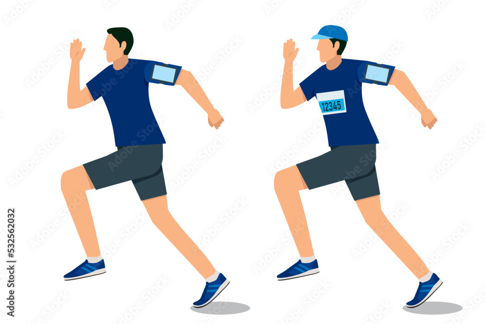 走る8等身のアジア系男性のイラストセット　ランニング　ジョギング　フィットネス健康維持　白バック