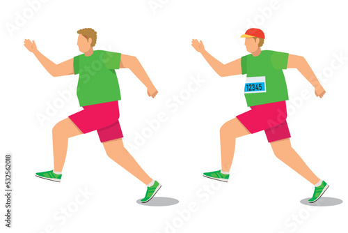 走る8等身の太った白人系男性のイラストセット　ランニング　ジョギング　フィットネス健康維持　白バック