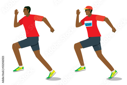 走る8等身の黒人系男性のイラストセット　ランニング　ジョギング　フィットネス健康維持　白バック