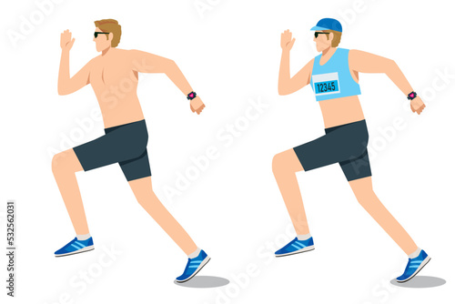 走る8等身の白人系男性のイラストセット　ランニング　ジョギング　フィットネス健康維持　白バック