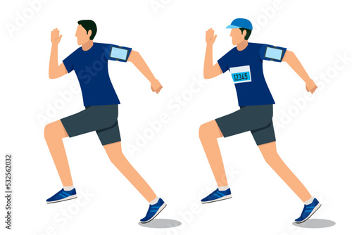 走る8等身のアジア系男性のイラストセット　ランニング　ジョギング　フィットネス健康維持　白バック