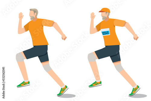 走る8等身の高齢の白人系男性のイラストセット　ランニング　ジョギング　フィットネス健康維持　白バック