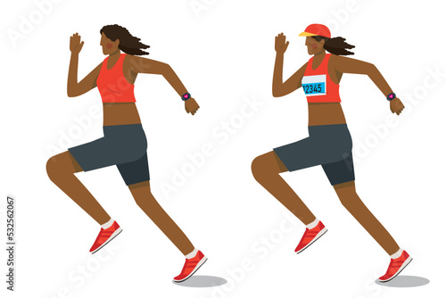 走る8等身の黒人系女性のイラストセット ランニング ジョギング フィットネス健康維持 白バック