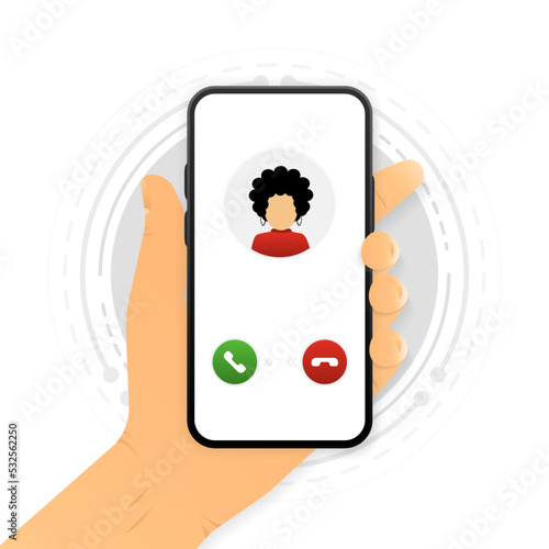 The hand holds a smartphone with a call. Mobile communication concept by cellular connection. Vector illustration.