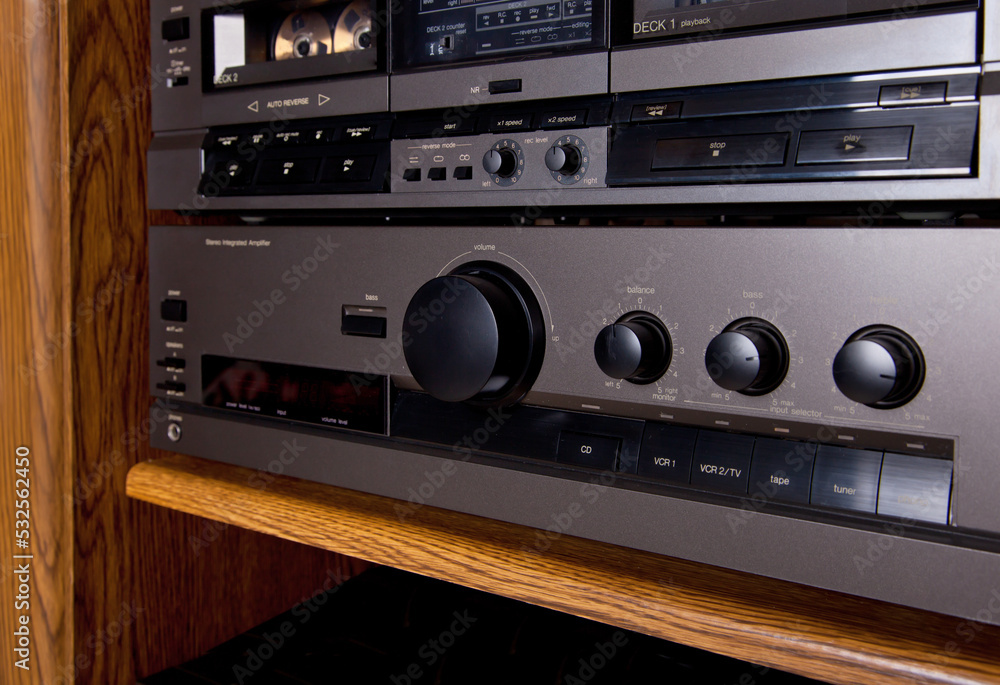Fototapeta premium Vintage Stereo Components Gear Tower including amplifier and cassette deck